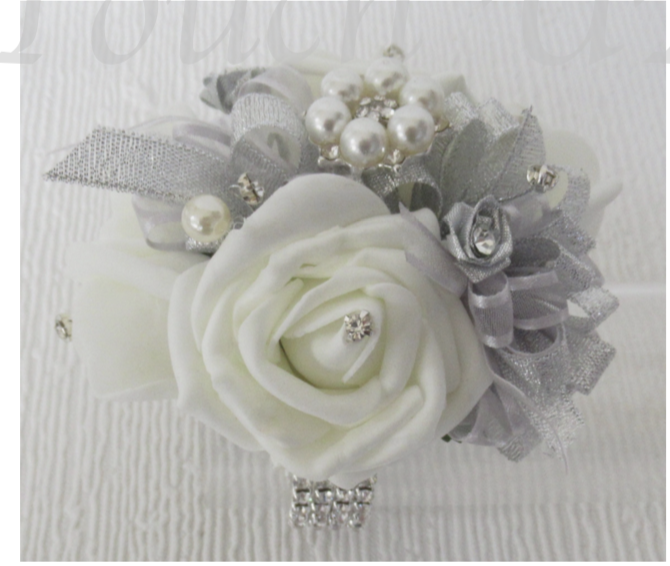 Silver & Pale Ivory Sparkly Wrist Corsage